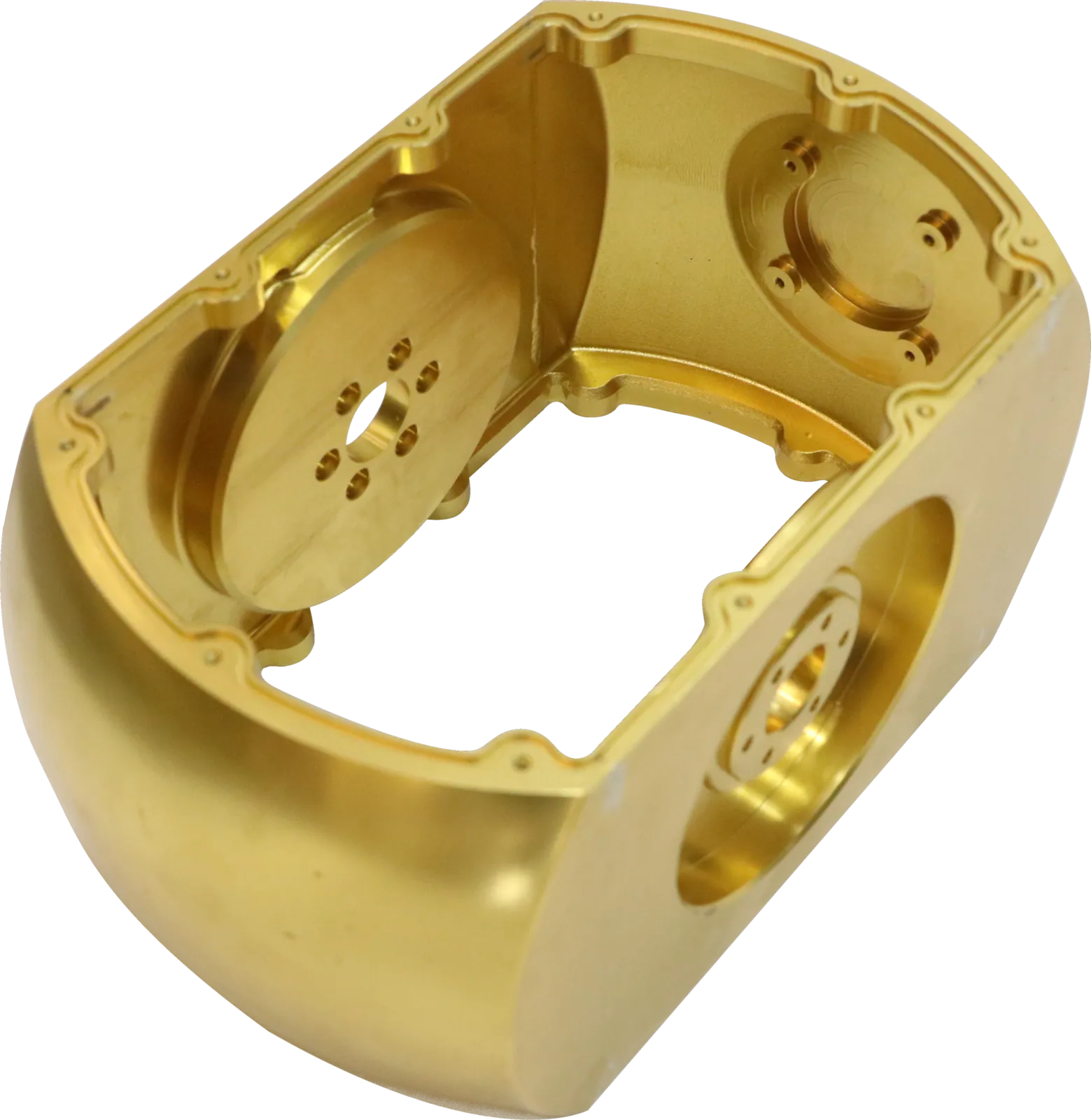 Machined aluminum instrument housing with a gold plated finish, bored bearing seats and threaded mounting bosses