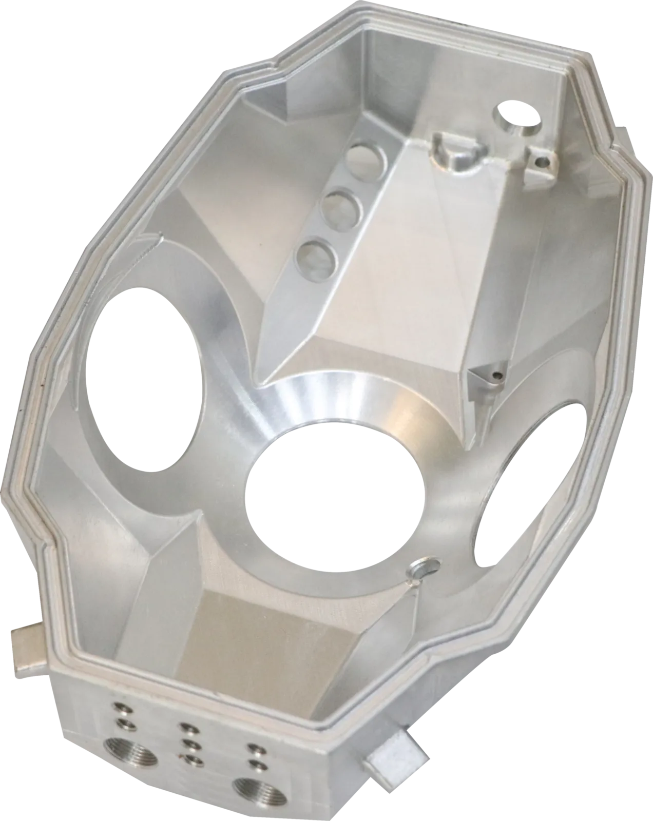 Large five-axis CNC milled aluminum housing with compound pockets, bored bearing seats and threaded ports