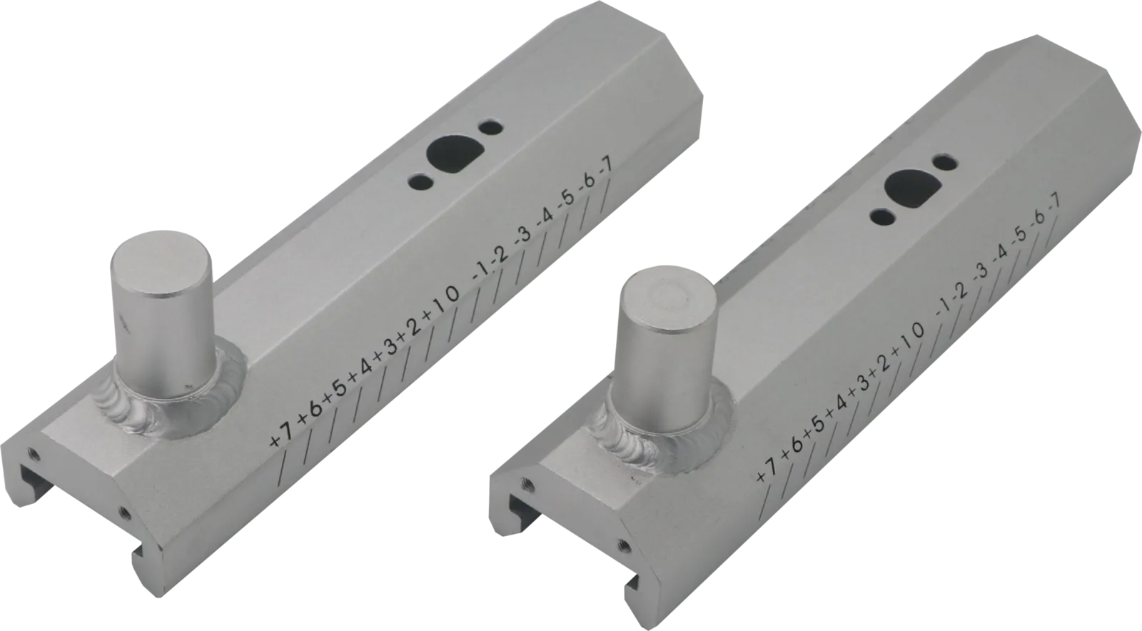 Pair of machined aluminum measuring rails with laser-marked graduated scales and turned adjustment knobs