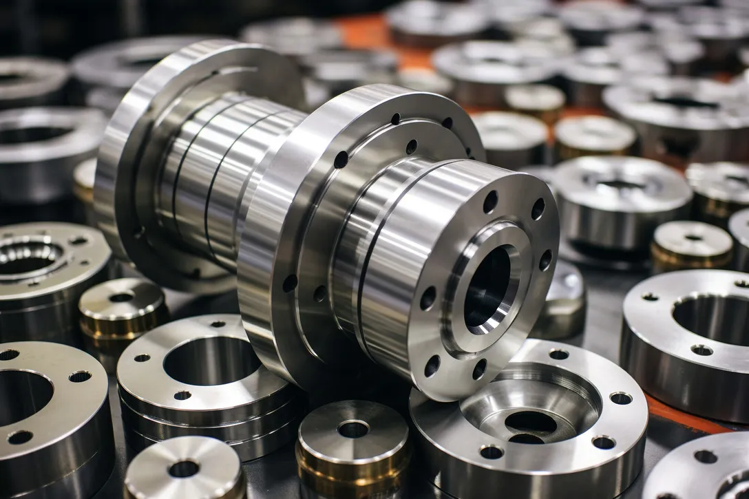 Turned steel flanges and bearing housings stacked on the shop floor after machining