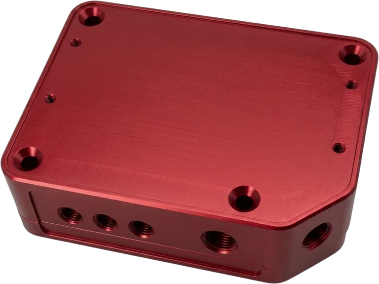 Red anodized aluminum CNC machined enclosure.