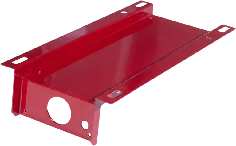 Red powder coated fabricated steel assembly.
