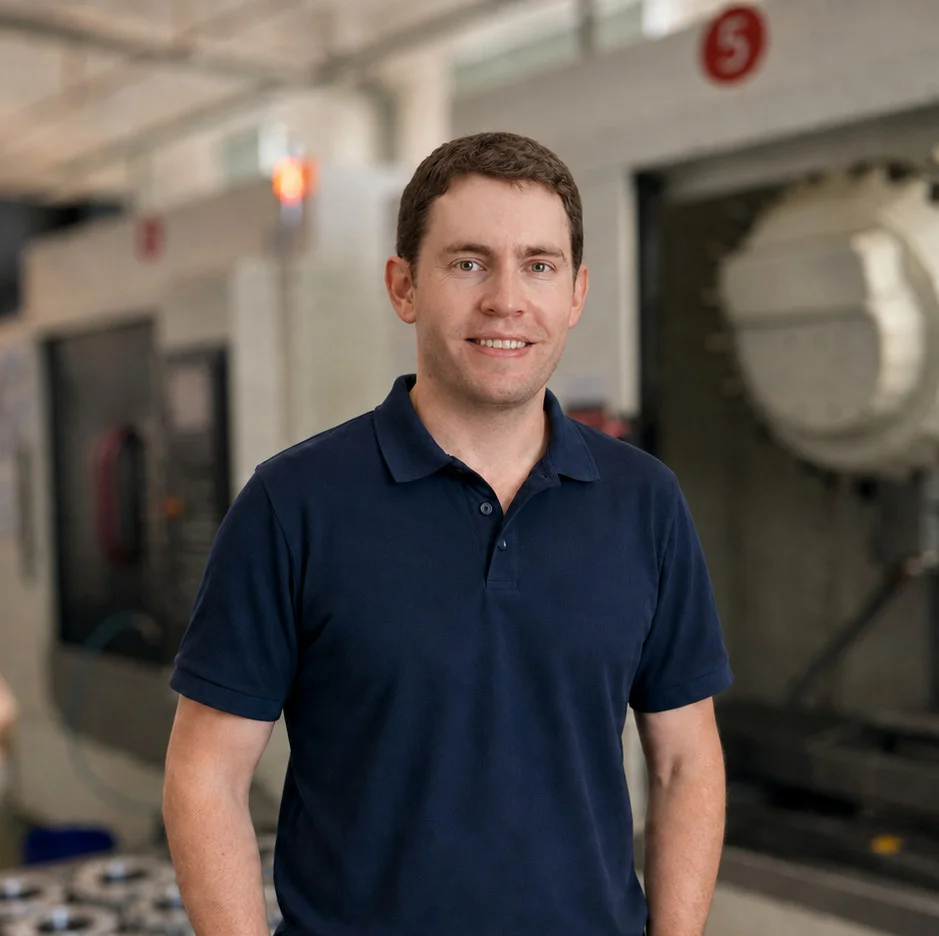 Samuel, Founder & International Projects Director, in front of a machining centre.