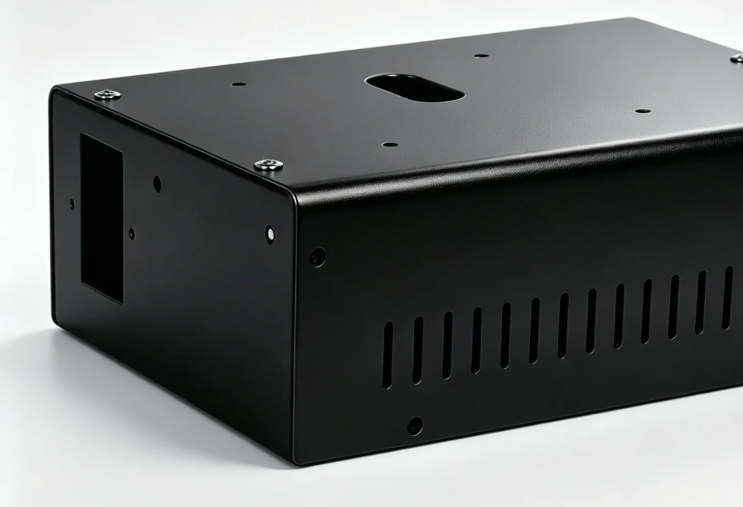 Semi-gloss black powder coated steel enclosure.