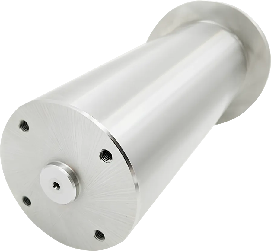 CNC machined stainless steel cylindrical housing with a bolted face.