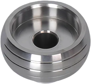 CNC machined stainless steel pulley with a central bore.