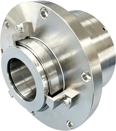 CNC machined stainless steel bearing housing with a bolted flange.