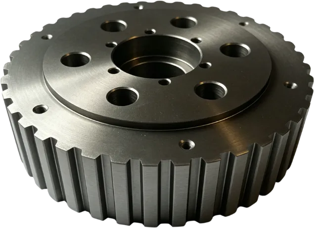 Hardcoat anodized aluminum gear with a splined outer diameter.