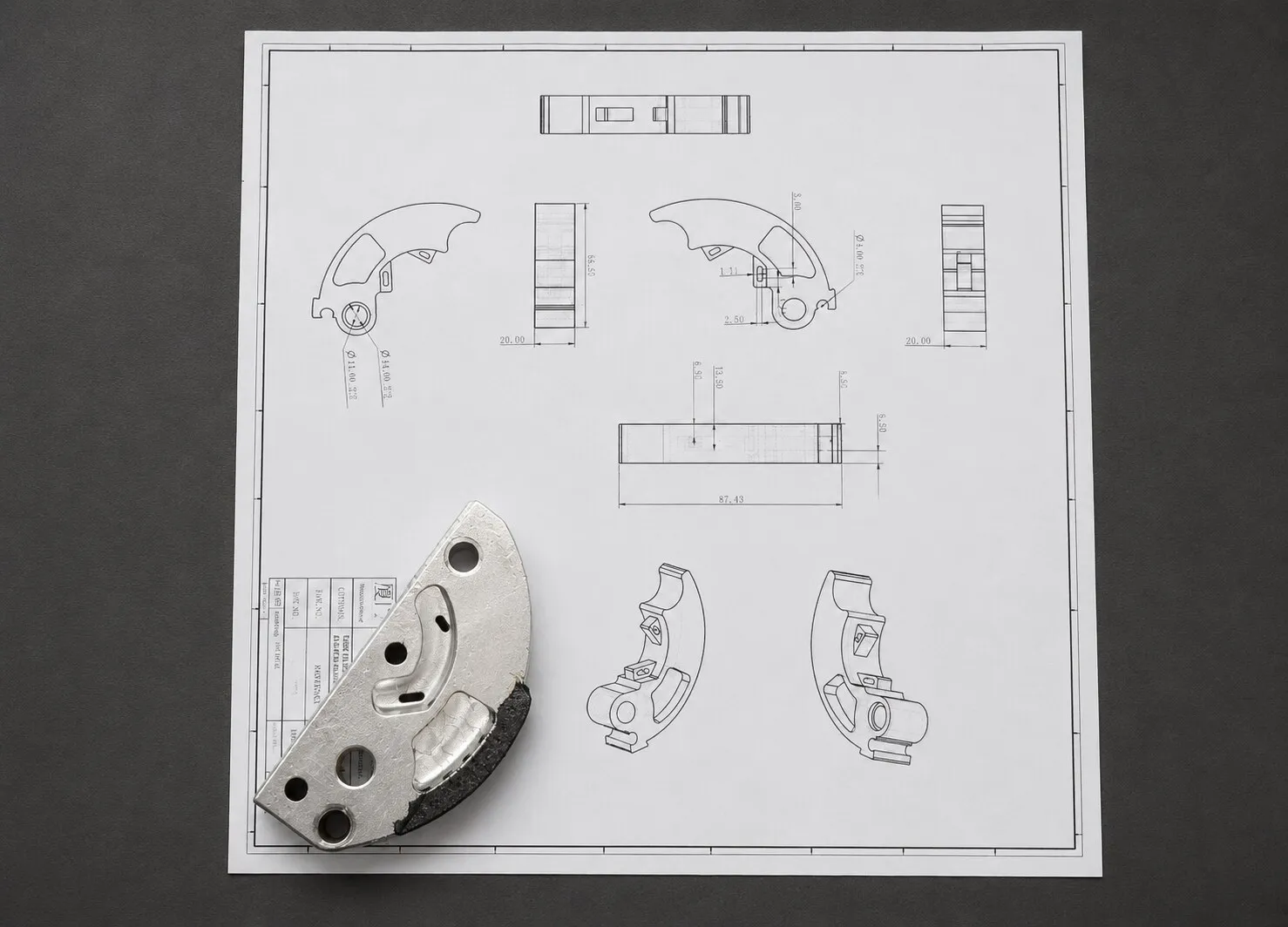 A technical drawing of a machined part laid out for engineering review.