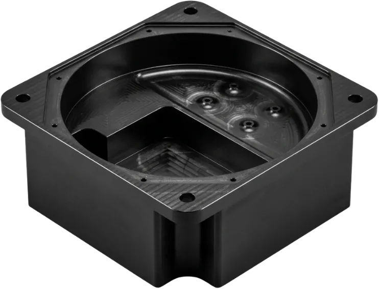 Thick hardcoat anodized aluminum housing with an internal machined cavity.