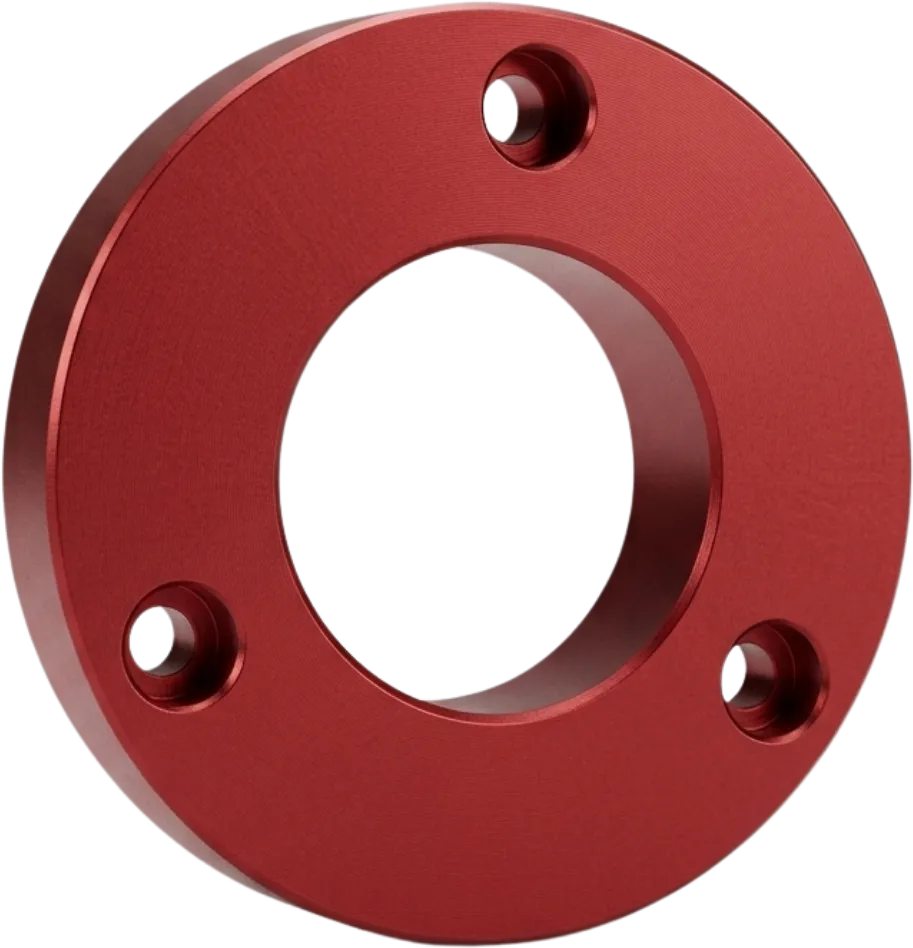 Red anodized aluminum flange machined with a central bore and mounting holes.