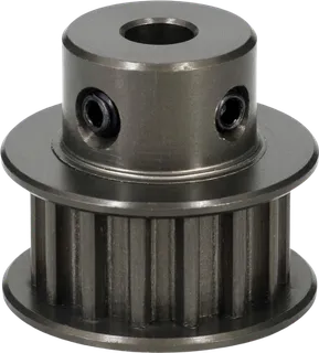 Hardcoat anodized aluminum timing pulley with a dark gray natural finish.