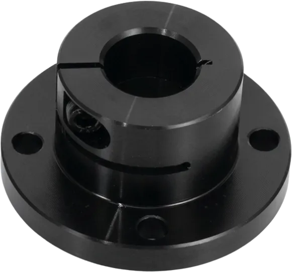 Black Type III hardcoat anodized aluminum shaft collar with a flanged base.