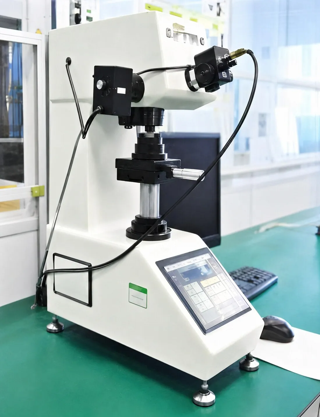 Bench hardness tester with turret-mounted indenter and touchscreen control in the inspection room.