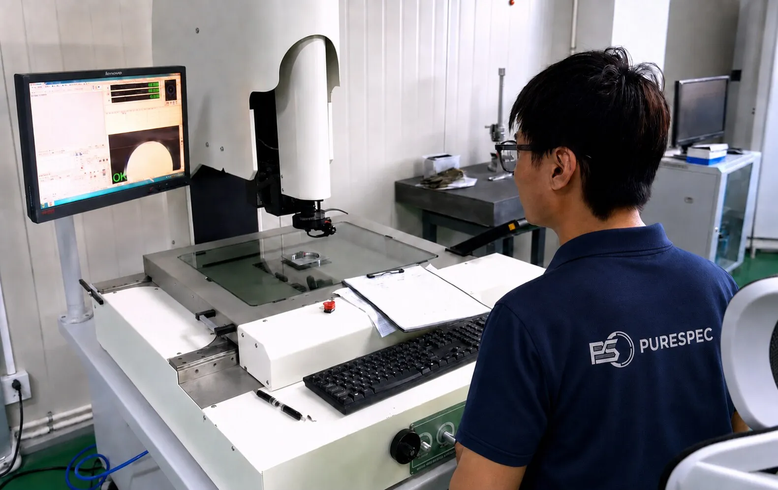 PURESPEC inspector measuring a part on a 2.5D vision measurement system with the feature displayed on screen.