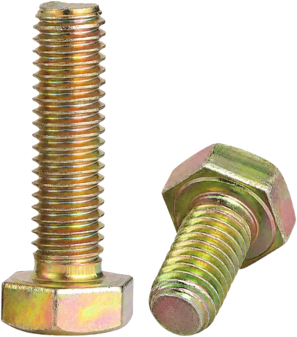 Yellow zinc plated steel bolts with an iridescent finish.
