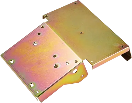 Zinc plated steel sheet metal bracket with a yellow iridescent finish.